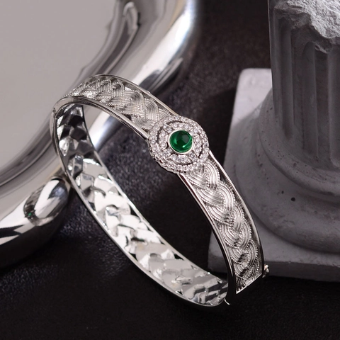Vintage Silver Plated Copper Bangle For Women With Green Faux Gemstone And Rhinestone Woven Lace Jewelry Bracelet Accessories