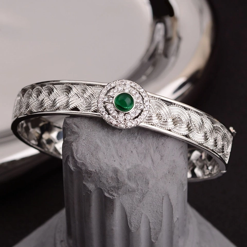 Vintage Silver Plated Copper Bangle For Women With Green Faux Gemstone And Rhinestone Woven Lace Jewelry Bracelet Accessories