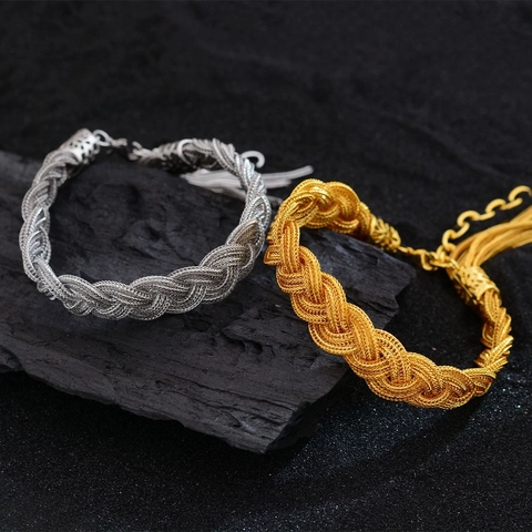 Retro Mehrsträngiges Geflochtenes Kupferarmband Für Damen Gold Silber Versilbert Zopfkette Armband Mit Quaste Ethno Schmuck Geschenk