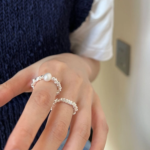 Natürliche Süßwasserperle Unregelmäßige Silbernuggets Elastischer Ring Für Damen Minimalistischer Verstellbarer Perlenschmuck