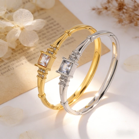 Vintage Stainless Steel Square Zirconia Bangle For Women Gold Silver Plated Rhinestone Inlaid Geometric Bracelet Jewelry