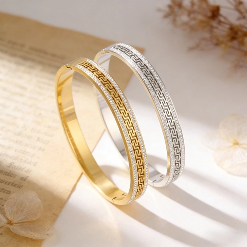 Vintage Stainless Steel Greek Key Meander Bangle For Women Gold Silver Rhinestone Inlaid Luxury Bracelet Jewelry