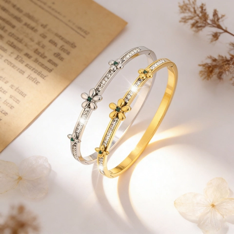 Stainless Steel Flower Bangle For Women Gold Silver Plated Zirconia Green Gemstone Inlaid Vintage Fashion Jewelry Bracelet