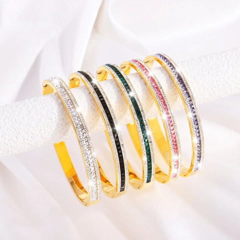 Bracelet Jonc en Acier Inoxydable Zircon pour Femmes Plaqué Or Émail Rangée de Diamants Bracelet de Luxe Ciel Étoilé Bijoux