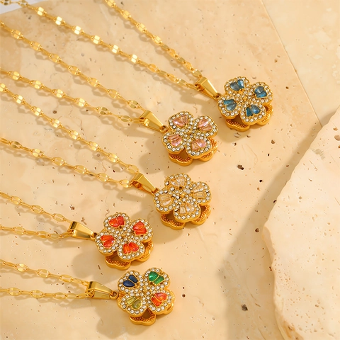 Luxury Rotating Four Leaf Clover Stainless Steel Necklace For Women 18K Gold Plated Zirconia Flower Pendant Fashion Jewelry