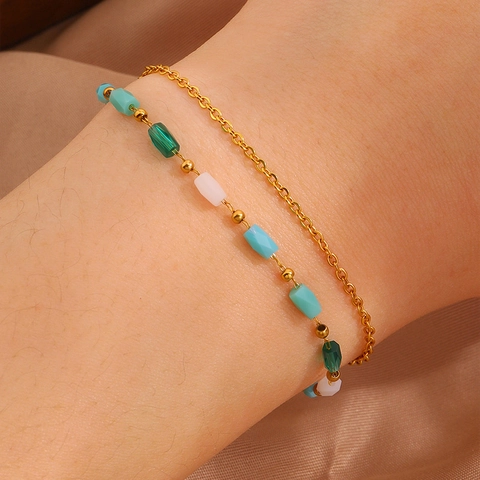 Bracelet Double Couche en Acier Inoxydable Mode pour Femme Plaqué Or 18K Perles Colorées Ajustable Bijoux