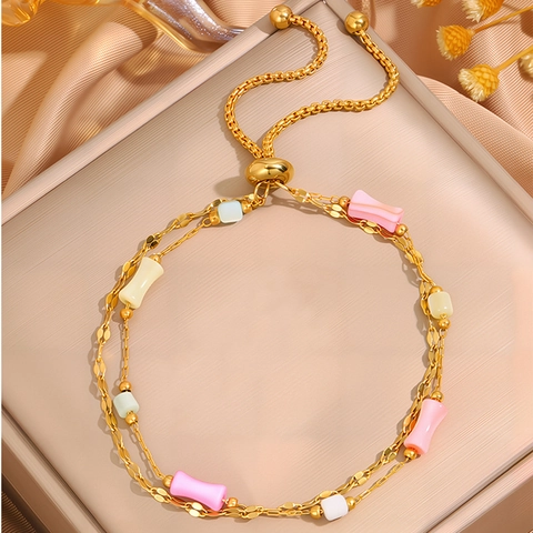 Fashion Stainless Steel Stacking Bracelet For Women Gold Color Adjustable Bolo Chain Heart Star Geometric Artificial Pearl Multi-Layer Beads Bracelet Gift Jewelry
