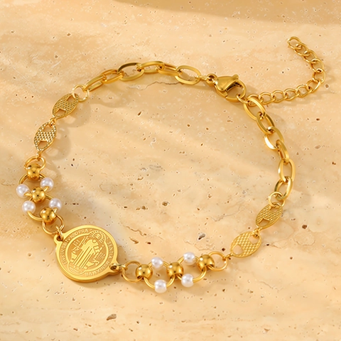 Bracelet Religieux Médaille Saint-Benoît en Acier Inoxydable pour Femme Plaqué Or Argent Künstliche Perle de Culture Chaîne Feuille