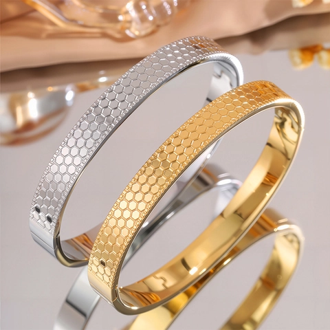Bracelet Jonc en Acier Inoxydable à Motif Géométrique Plaqué Or Argent Bracelet à Charnière Papillon Nid d'Abeille Bijoux pour Femmes