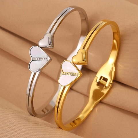 Brazalete Abierto de Doble Corazón de Acero Inoxidable para Mujer Incrustación de Madreperla y Zirconia Joyería Regalo