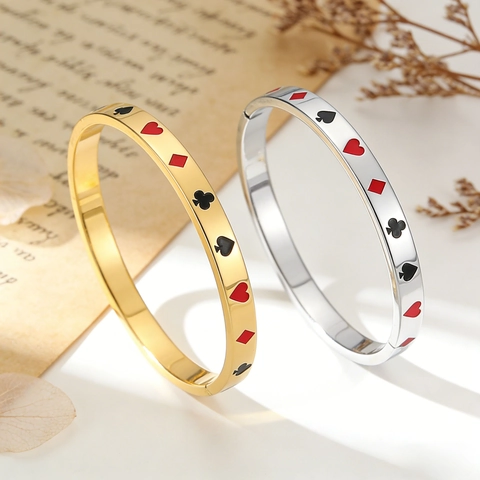 Playing Cards Pattern Stainless Steel Bangle For Women Gold Silver Plated Suit Enamel Bangle Fashion Jewelry Gift