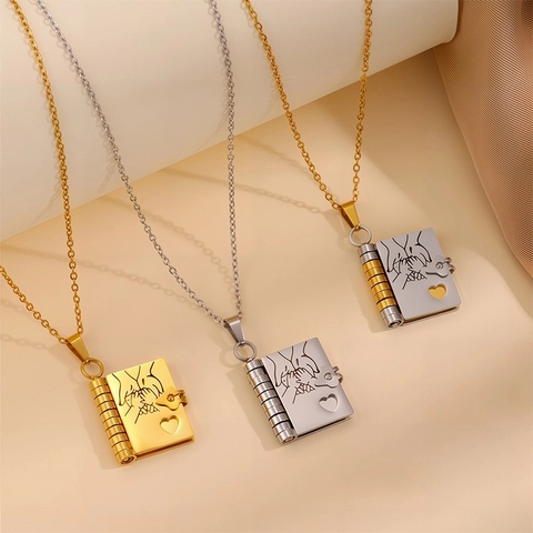 Stainless Steel Book Locket Necklace For Daughter Engraved Heart Pinky Swear Pattern Opening Photo Pendant Jewelry Gift For Women Kids