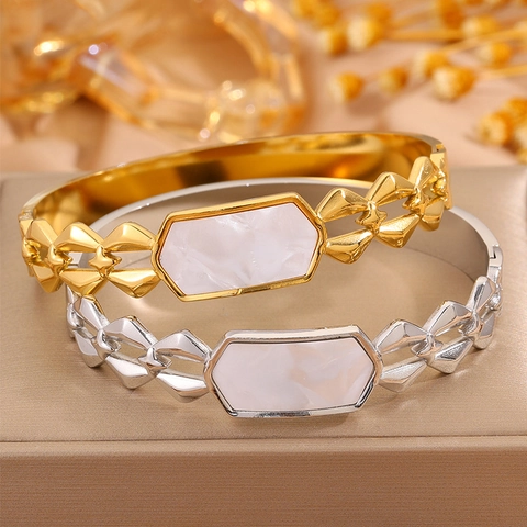 Brazalete de Acero Inoxidable Chapado en Oro 18K para Mujer con Nácar Hexagonal Joyería Geométrica con Calado de Rombos