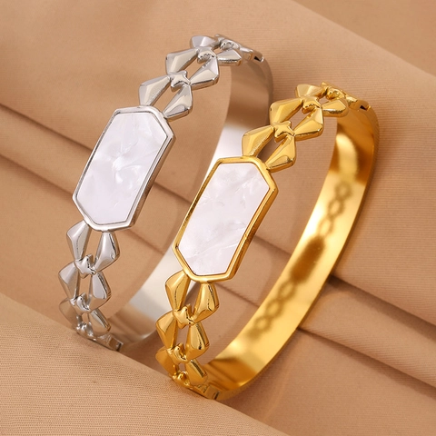 Brazalete de Acero Inoxidable Chapado en Oro 18K para Mujer con Nácar Hexagonal Joyería Geométrica con Calado de Rombos