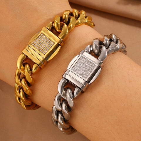 Bracelet Chaîne Cubaine en Acier Inoxydable pour Hommes Femmes Hip Hop Fermoir en Zircone Bijoux de Mode
