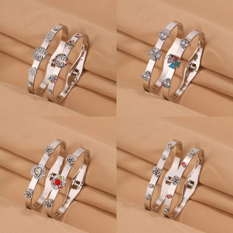 Luxueux Bracelet Jonc Fleur en Acier Inoxydable pour Femmes Argenté avec Strass et Zircon Bracelet Jonc à Charnière Cadeau