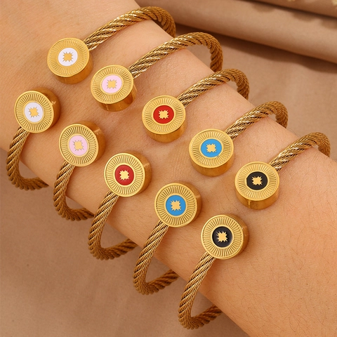 Bracelet Jonc Vintage en Acier Inoxydable Câble Torsadé pour Femme Plqué Or Émail Motif Étoile Soleil Manchette Ouverte