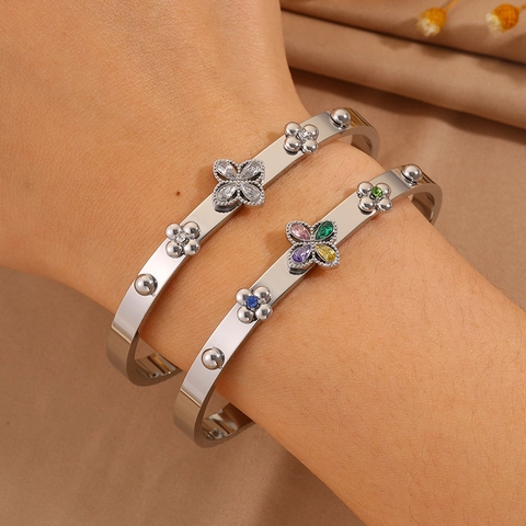 Edelstahl Vierblättriges Kleeblatt Armreif Mit Bunten Zirkonia Strass Für Damen Eleganter Blumen Federverschluss Armband Schmuck