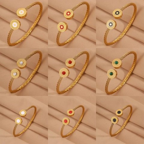 Bracelet Jonc Vintage en Acier Inoxydable Câble Torsadé pour Femme Plqué Or Émail Motif Étoile Soleil Manchette Ouverte