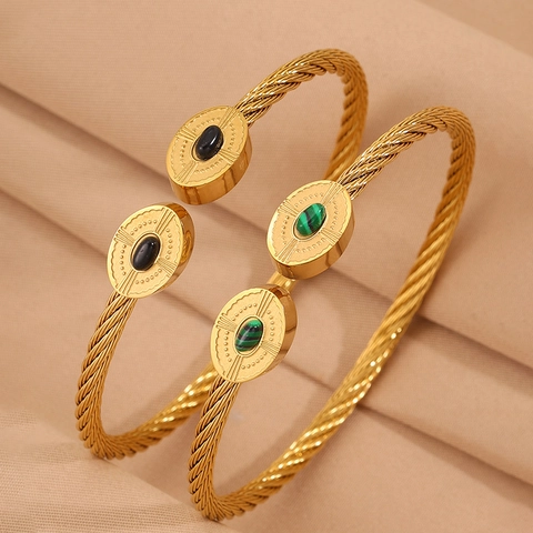 Bracelet Jonc Ouvert en Acier Inoxydable Plaqué Or 18K Câble Torsadé Avec Pierre Ovale Rayon de Soleil pour Femme