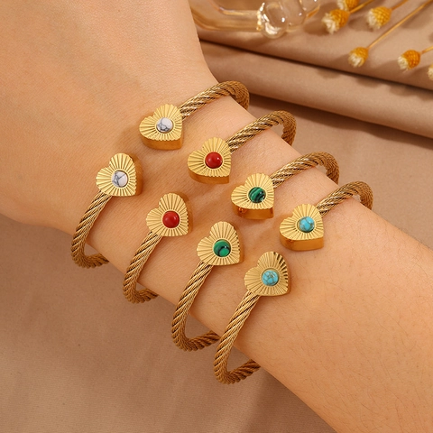 Bracelet Jonc en Acier Inoxydable Motif Cœur Étoile Soleil Ouvert Réglable Plaqué Or Pierre Turquoise Bijoux de Mode