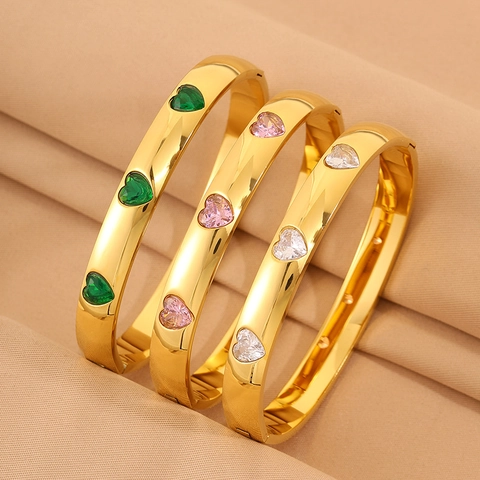 Bracelet Jonc de Luxe en Acier Inoxydable pour Femme Plaqué Or Cœur Étoile Marquise Zircone Incrusté Bijoux de Mode Cadeau