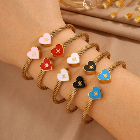 Bracelet Jonc en Acier Inoxydable Motif Cœur Étoile Soleil Ouvert Réglable Plaqué Or Pierre Turquoise Bijoux de Mode