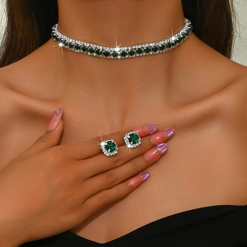 Luxury Copper Rhinestone Square Emerald Green Necklace Earrings Jewelry Set For Women Wedding Party Vintage Choker Accessory