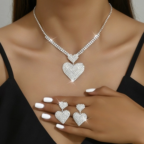 Collar Y Pendientes De Aleación Corazón De Estrás Para Mujer Joyas Brillantes Elegantes Para Boda Fiesta Regalo San Valentín