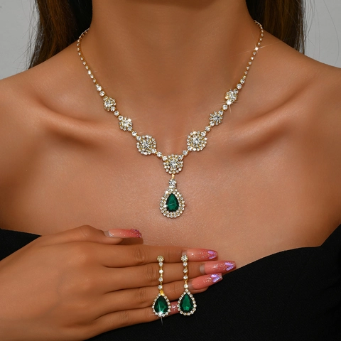Luxury Copper Zirconia Pear Waterdrop Necklace And Earrings Jewelry Set Gold Silver Plated Wedding Banquet Party For Women