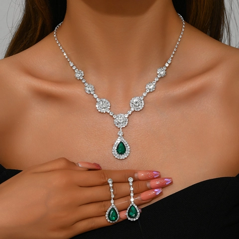 Luxury Copper Zirconia Pear Waterdrop Necklace And Earrings Jewelry Set Gold Silver Plated Wedding Banquet Party For Women