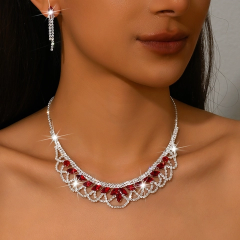 Luxury Copper Rhinestone Necklace And Earrings For Women Elegant Marquise Cut Crystal Tassel Wedding Banquet Formal Jewelry