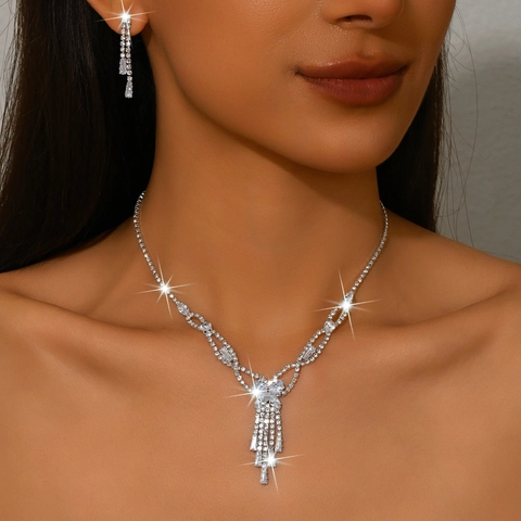 Elegant Copper Rhinestone Tassel Necklace And Long Drop Earrings Jewelry For Women Fashion Luxurious Banquet Party Wedding Accessory
