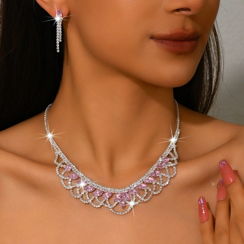 Luxury Copper Rhinestone Necklace And Earrings For Women Elegant Marquise Cut Crystal Tassel Wedding Banquet Formal Jewelry