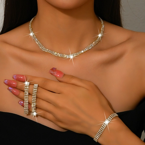 Elegant Alloy Rhinestone Necklace Earrings Bracelet Jewelry Set For Women Sparkling Crystal Wedding Party Prom Fashion Accessory