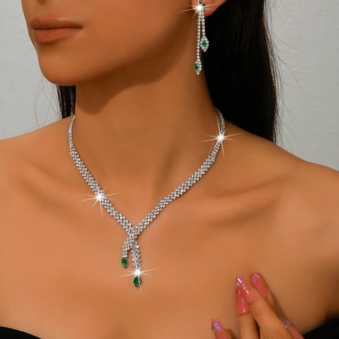 Luxury Copper Zirconia Necklace And Earrings Set For Women Silver Plated Geometric Jewelry Suit Wedding Banquet Party Accessories