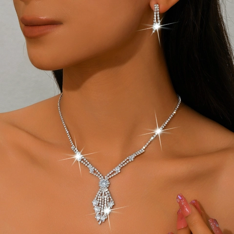 Luxury Rhinestone Necklace And Earring Bridal Wedding Jewelry Alloy Copper Tassel Drop For Women Party Prom Accessories
