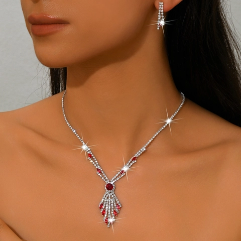 Luxury Rhinestone Necklace And Earring Bridal Wedding Jewelry Alloy Copper Tassel Drop For Women Party Prom Accessories