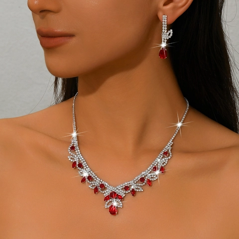 Lujoso Conjunto de Joyas de Novia de Cobre con Diamantes de Imitación de Gota de Agua Collar Pendientes para Boda Fiesta