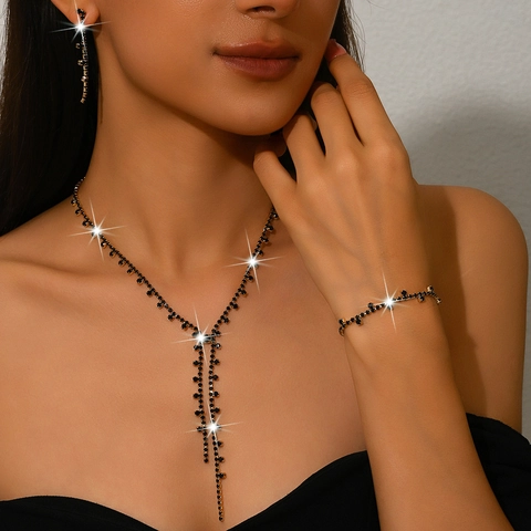 Western Long Tassel Rhinestone Jewelry Set Alloy Copper Y-Shaped Necklace Bracelet Earrings Ring For Women Wedding Party