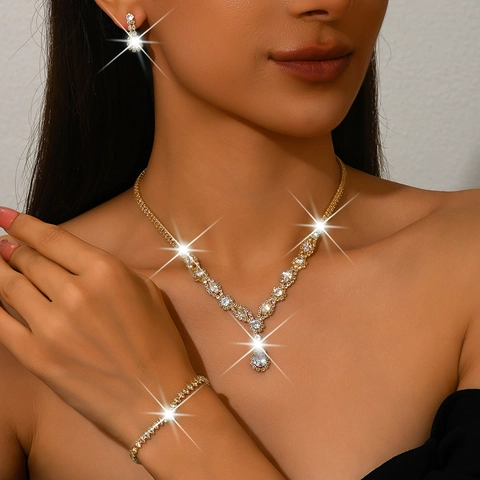 Set Gioielli Sposa in Rame Zirconia Cubica Pendente a Goccia Collana a V Orecchini Bracciale Set per Matrimonio Ballo Gioielli Donna