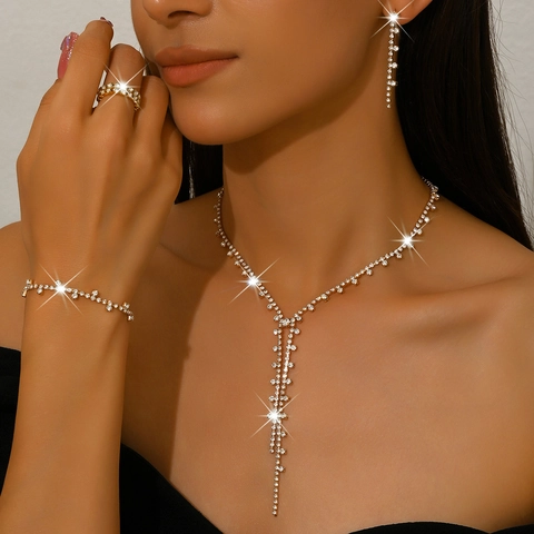Western Long Tassel Rhinestone Jewelry Set Alloy Copper Y-Shaped Necklace Bracelet Earrings Ring For Women Wedding Party