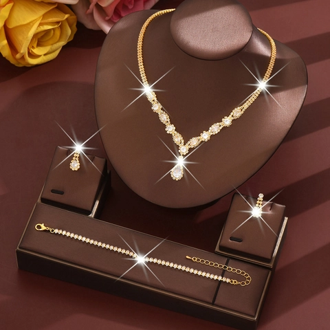 Set Gioielli Sposa in Rame Zirconia Cubica Pendente a Goccia Collana a V Orecchini Bracciale Set per Matrimonio Ballo Gioielli Donna