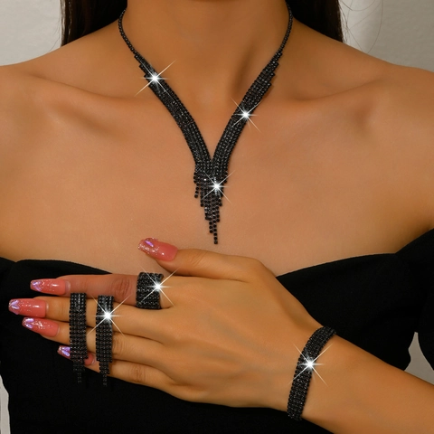 Luxurious Alloy Rhinestone Tassel Necklace Earrings Bracelet Ring Collection For Wedding Banquet Party Women Jewelry
