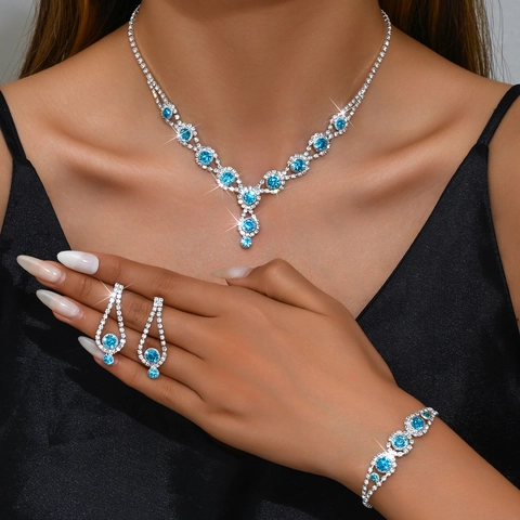 Elegant Alloy Copper Rhinestone Jewelry Set For Women Necklace Earrings And Bracelet Set Crystal Banquet Wedding Jewelry