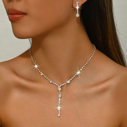 Elegant Alloy Rhinestone Necklace And Drop Earrings For Women Wedding Party Prom Luxury Jewelry Accessories Y-Shaped Tassel
