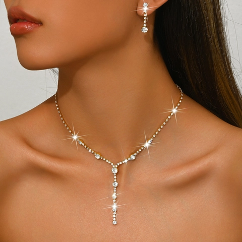 Elegant Alloy Rhinestone Necklace And Drop Earrings For Women Wedding Party Prom Luxury Jewelry Accessories Y-Shaped Tassel