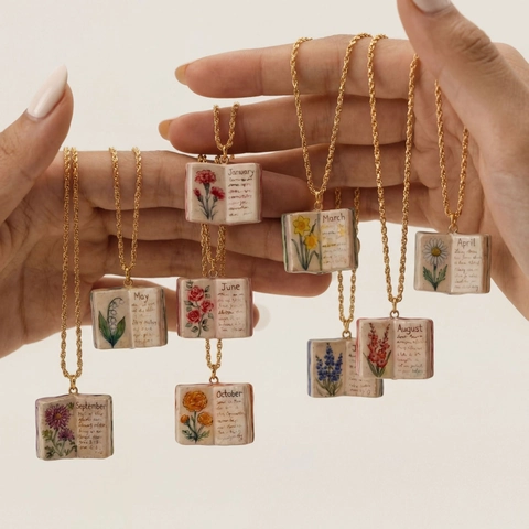 Collana Con Pendente a Libro Fiore di Nascita Rame Placcato Oro 14K Retrò Floreale Dipinto a Mano 12 Mesi Regalo Gioielli Donna