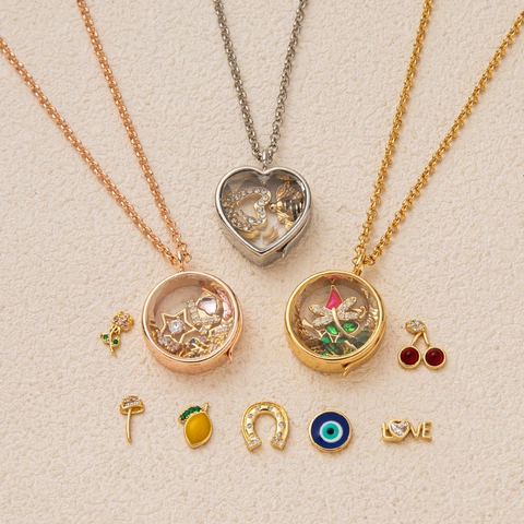 18K Gold Plated Copper Floating Locket Necklace Transparent Glass Pendant Heart Round DIY Enamel Charms For Women Fashion Jewelry Gift