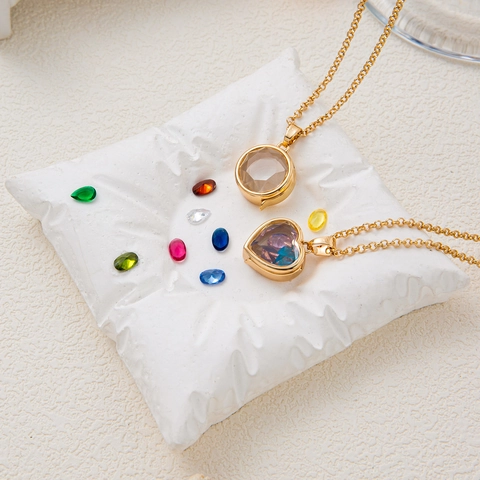 Vintage 14k Gold Plated Copper Transparent Locket Pendant Necklace DIY Replaceable Birthstone Heart Round Teardrop Geometric Charm Jewelry For Women